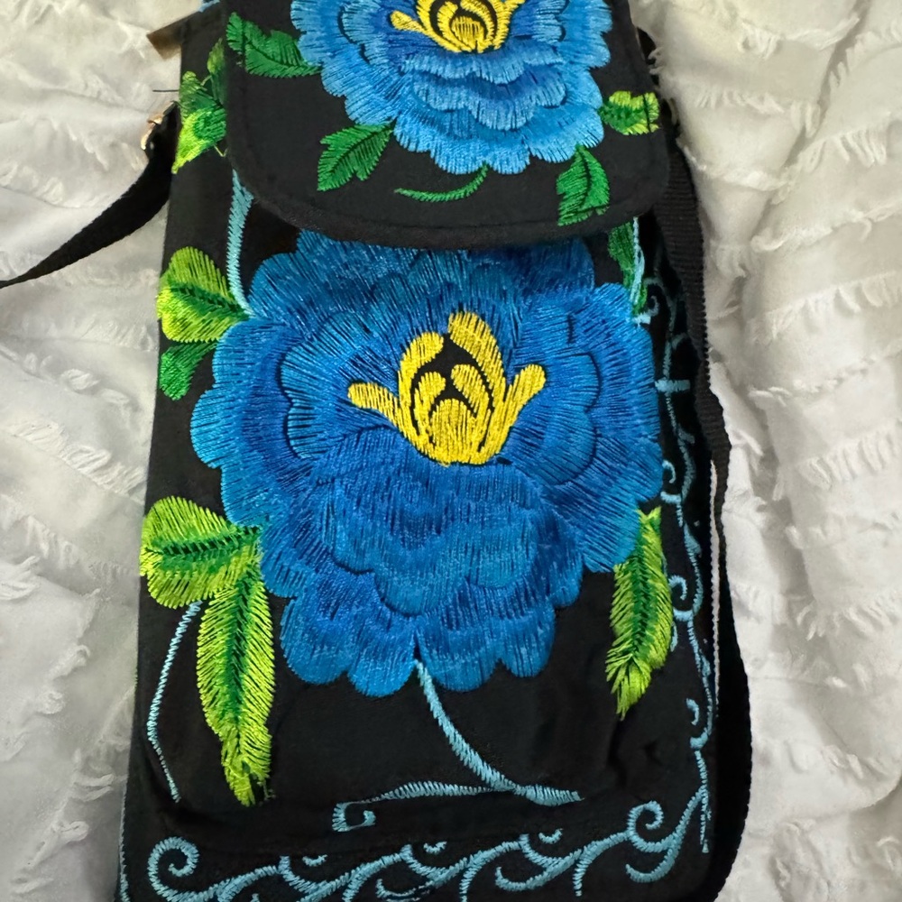 Embroidered Flower Green, Blue & Black Phone and Wallet Handbag - From Mexico